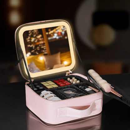 Makeup Travel Bag with LED Lighted Mirror Adjustable Brightness Portable Waterproof Makeup Case with Adjustable Dividers, Make up Train Case Organizer Makeup Brush Accessories and Tool Case