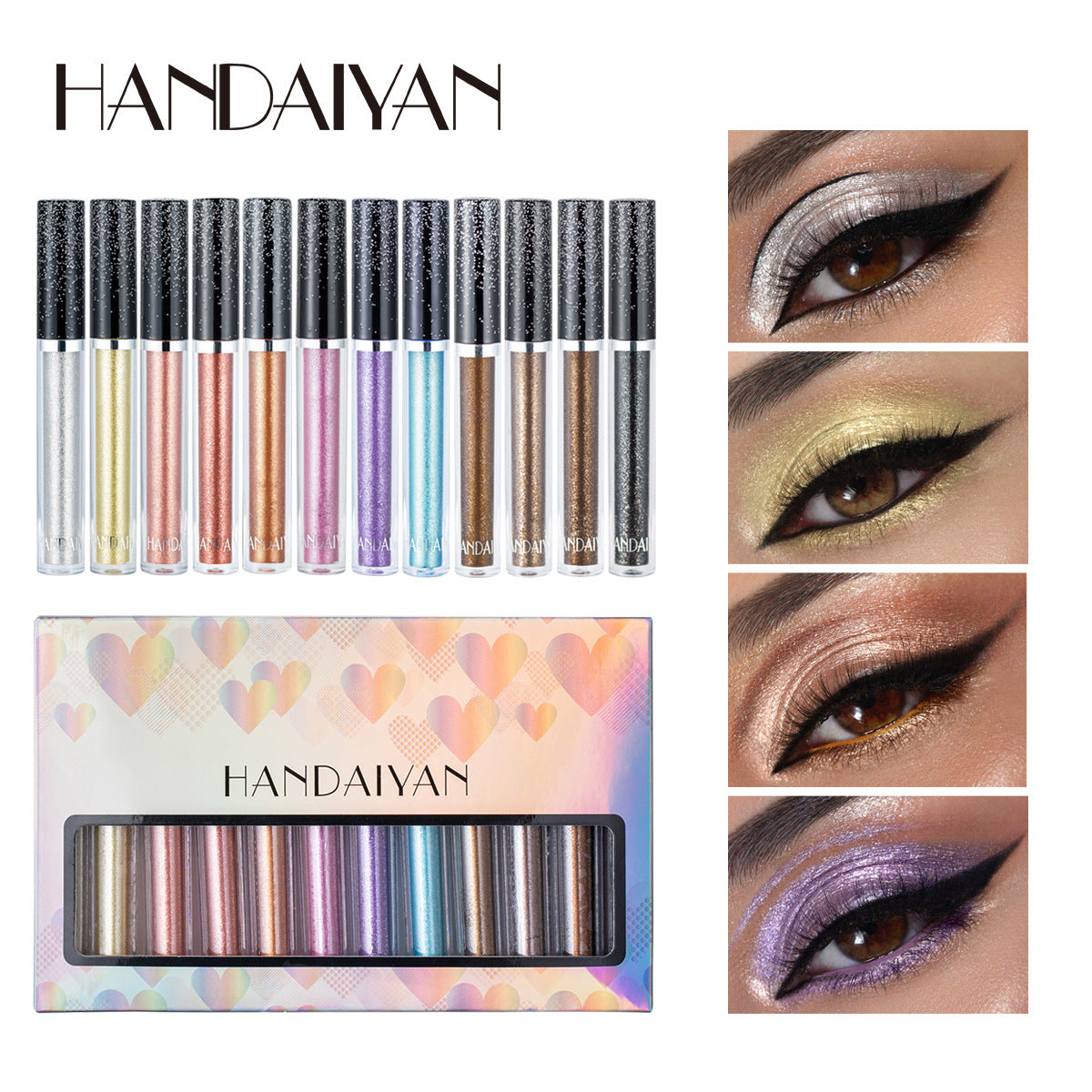 HANDAIYAN 12 Colors Liquid Glitter Eyeshadow Set, Multi-dimensional Metallic Glitter Shimmer Smokey Eye Looks Waterproof Long Lasting Quick-Drying Sparkling Eye Shadow Makeup Kits