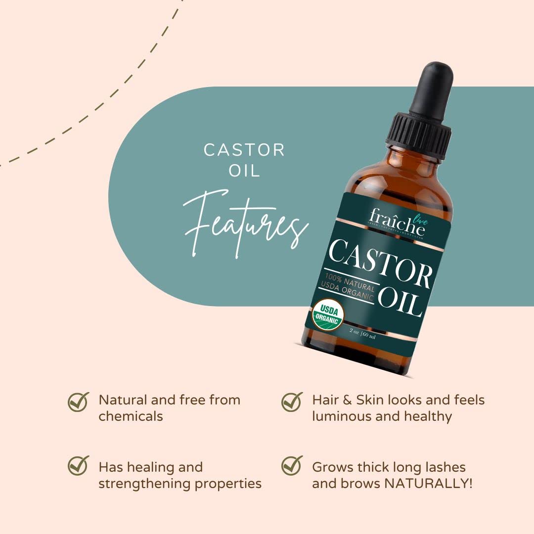 Organic Castor Oil for Face (2oz) + FREE Filled Mascara Tube, 100% Pure USDA Eyebrow Eyelash Growth Serum, Cold Pressed, Hexane Free Hair Lash Serum