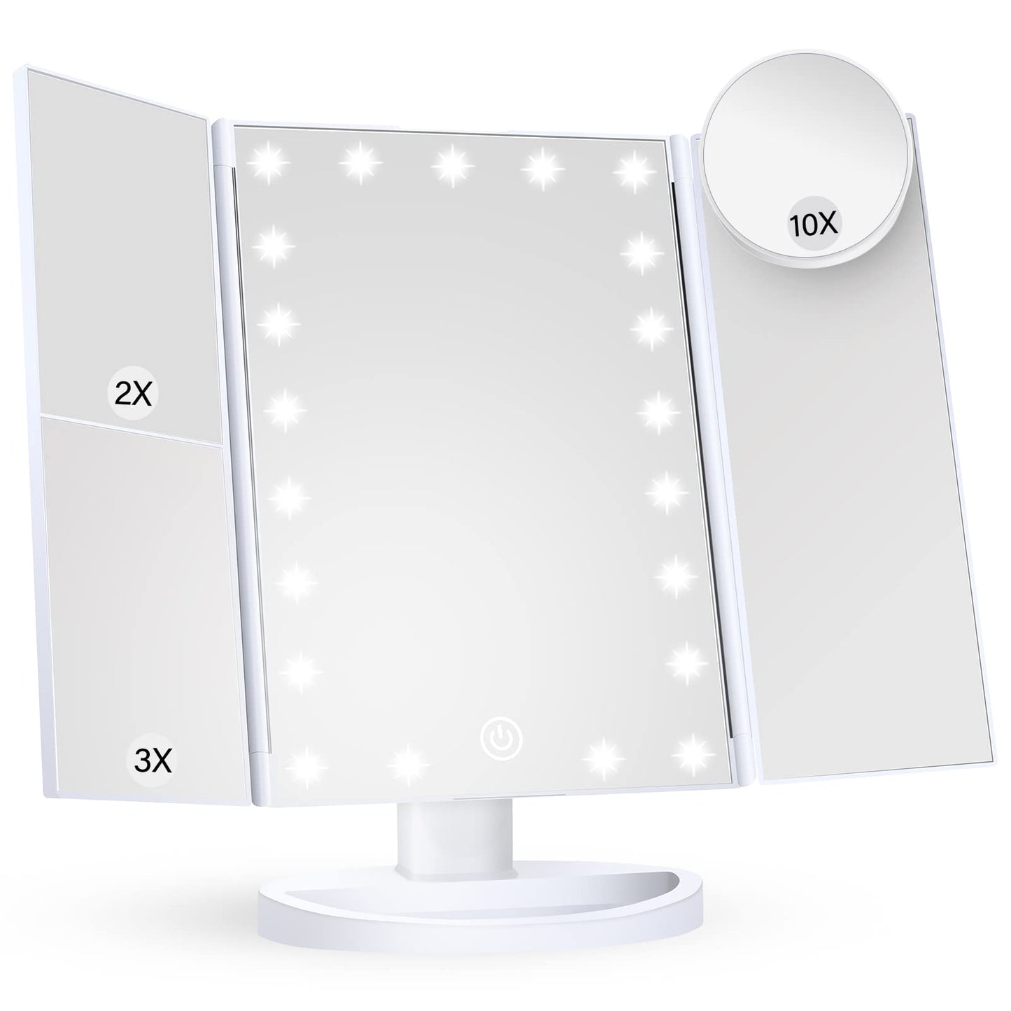 HUONUL Makeup Mirror Vanity Mirror with Lights, 2X, 3X, 10X Magnification, Touch Control, Trifold, White, 9.4"L x 13.4"W, Modern Style, Dresser Mount, Bathroom