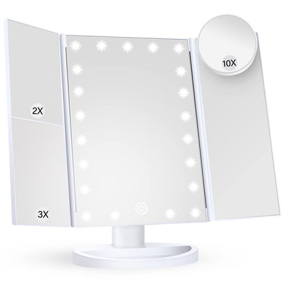 HUONUL Makeup Mirror Vanity Mirror with Lights, 2X, 3X, 10X Magnification, Touch Control, Trifold, White, 9.4"L x 13.4"W, Modern Style, Dresser Mount, Bathroom