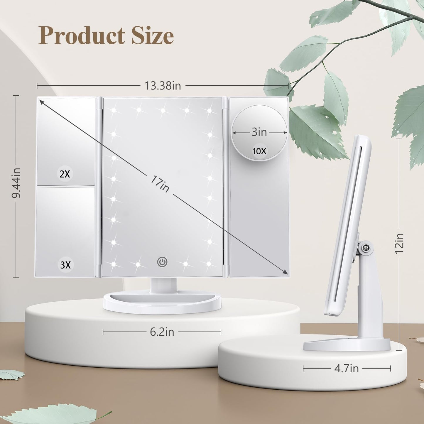 HUONUL Makeup Mirror Vanity Mirror with Lights, 2X, 3X, 10X Magnification, Touch Control, Trifold, White, 9.4"L x 13.4"W, Modern Style, Dresser Mount, Bathroom