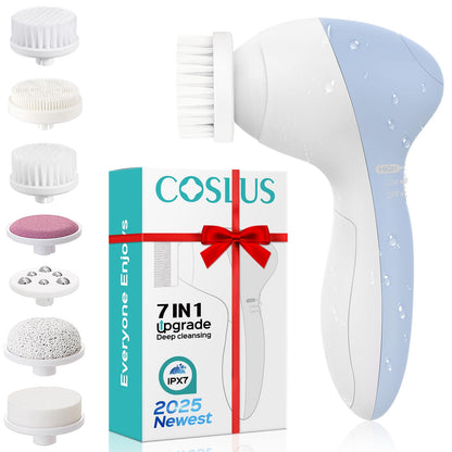 COSLUS Facial Cleansing Brush Silicone Face Scrubber: 7 in 1 FBS-D Electric Exfoliating Rotating Massage Device Waterproof Deep Cleaning Exfoliation Spa Machine - Electronic Skin Care Wash System