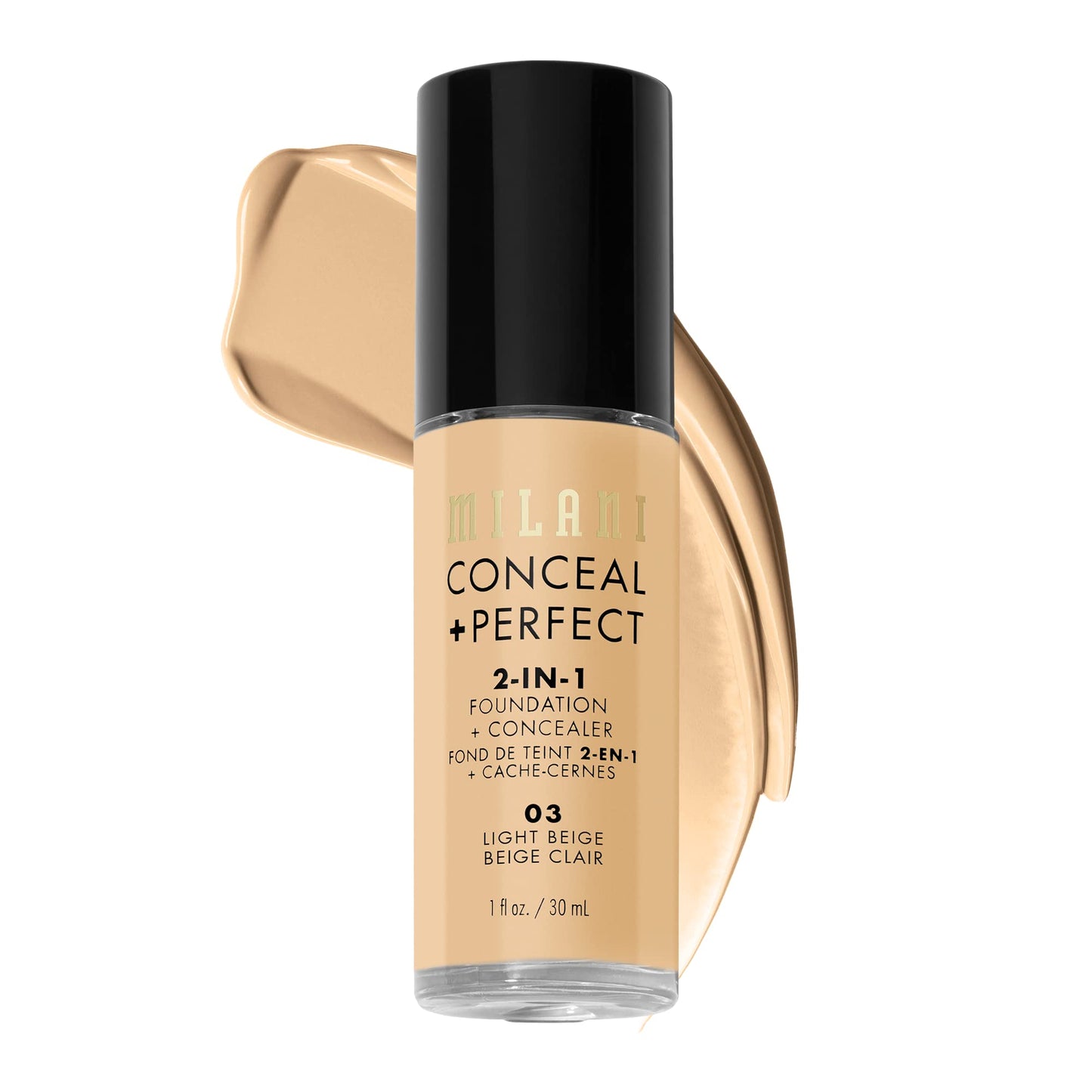 Milani Conceal + Perfect Liquid Foundation - Light Beige, 1 Fl. Oz. Cruelty-Free, Water-Resistant, Oil-Free, Medium-To-Full Coverage, Satin Matte Finish