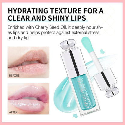 Hydrating Lip Glow Oil, Lip Oil Gloss Transparent Toot Tinted Nourishing Long Lasting Repairing Lightening Lip Lines (CLEAR TO PINK) 0.2 OZ