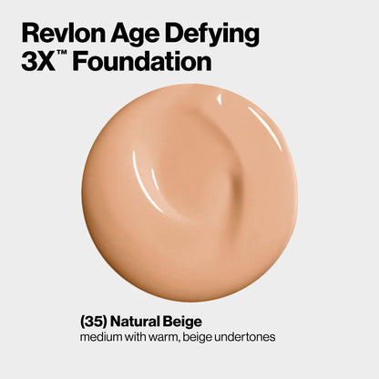 Revlon Liquid Foundation, Age Defying 3XFace Makeup, Anti-Aging and Firming Formula, SPF 30, Longwear Medium Buildable Coverage with Natural Finish, 035 Natural Beige, 1 Fl Oz