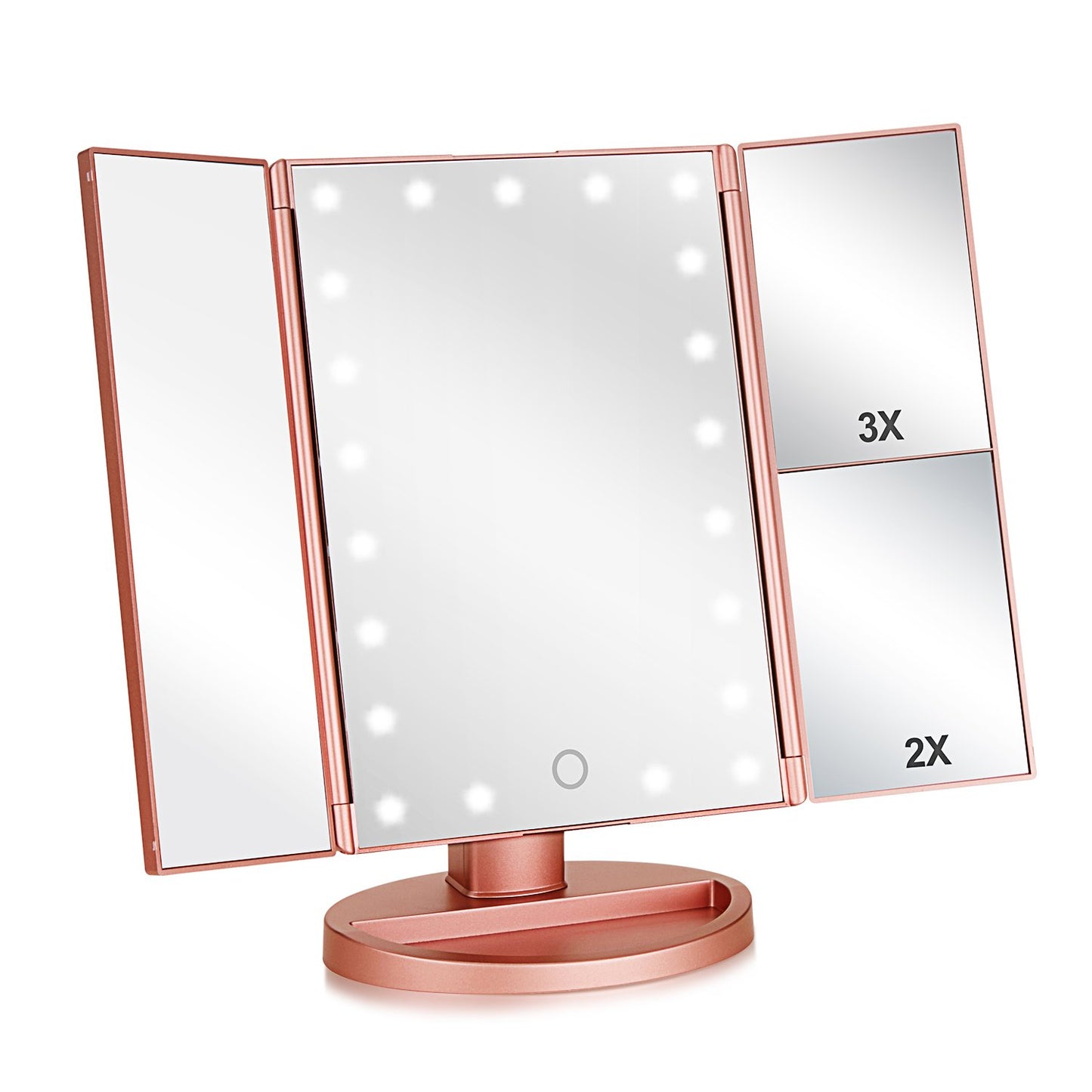 Flymiro Tri-fold Lighted Vanity Makeup Mirror with 3x/2x Magnification,21 LEDs Light and Touch Screen,180 Degree Free Rotation Countertop Cosmetic Mirror,Travel (Rose Gold)