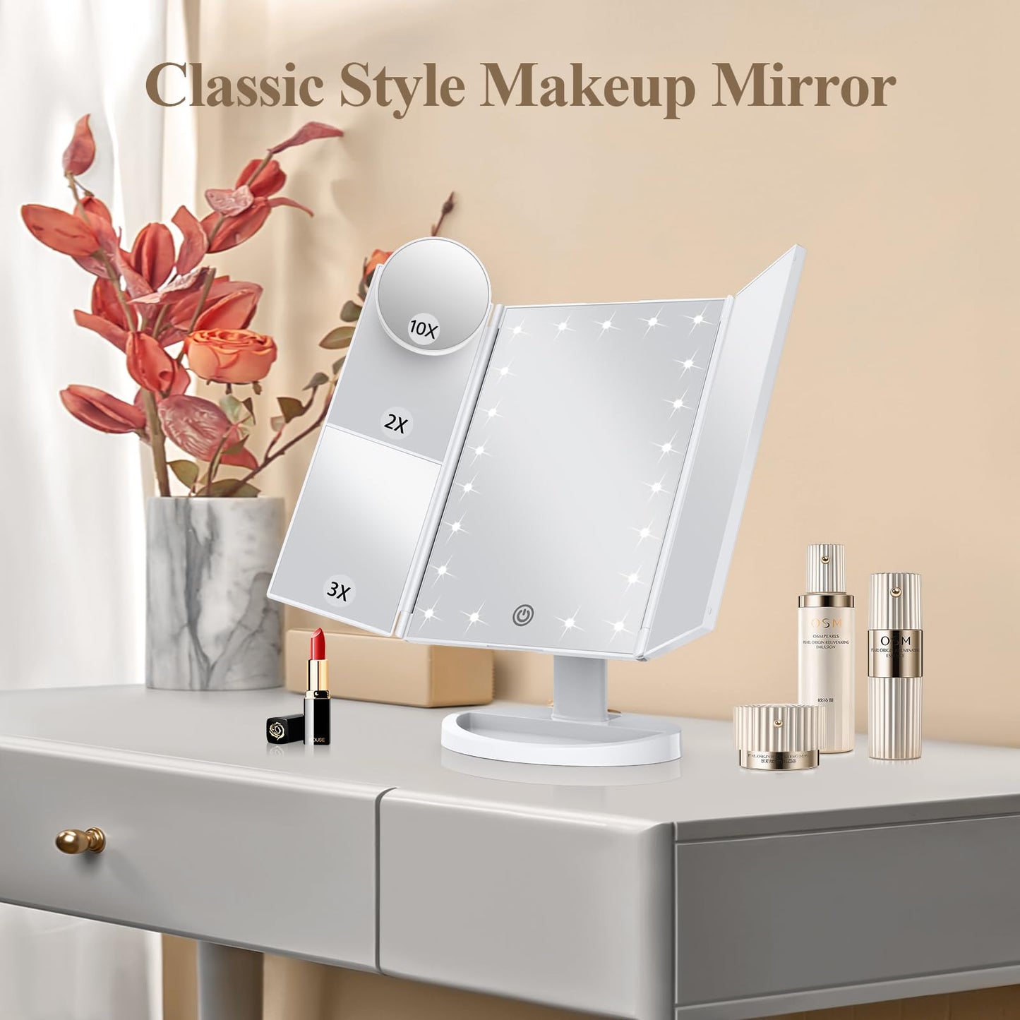 HUONUL Makeup Mirror Vanity Mirror with Lights, 2X, 3X, 10X Magnification, Touch Control, Trifold, White, 9.4"L x 13.4"W, Modern Style, Dresser Mount, Bathroom