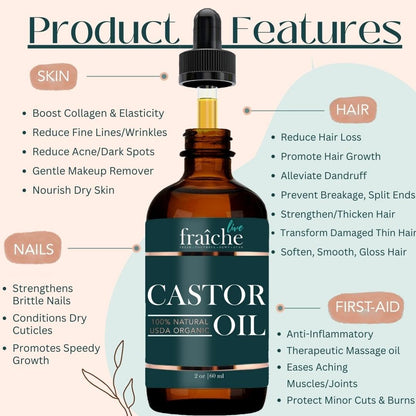 Organic Castor Oil for Face (2oz) + FREE Filled Mascara Tube, 100% Pure USDA Eyebrow Eyelash Growth Serum, Cold Pressed, Hexane Free Hair Lash Serum