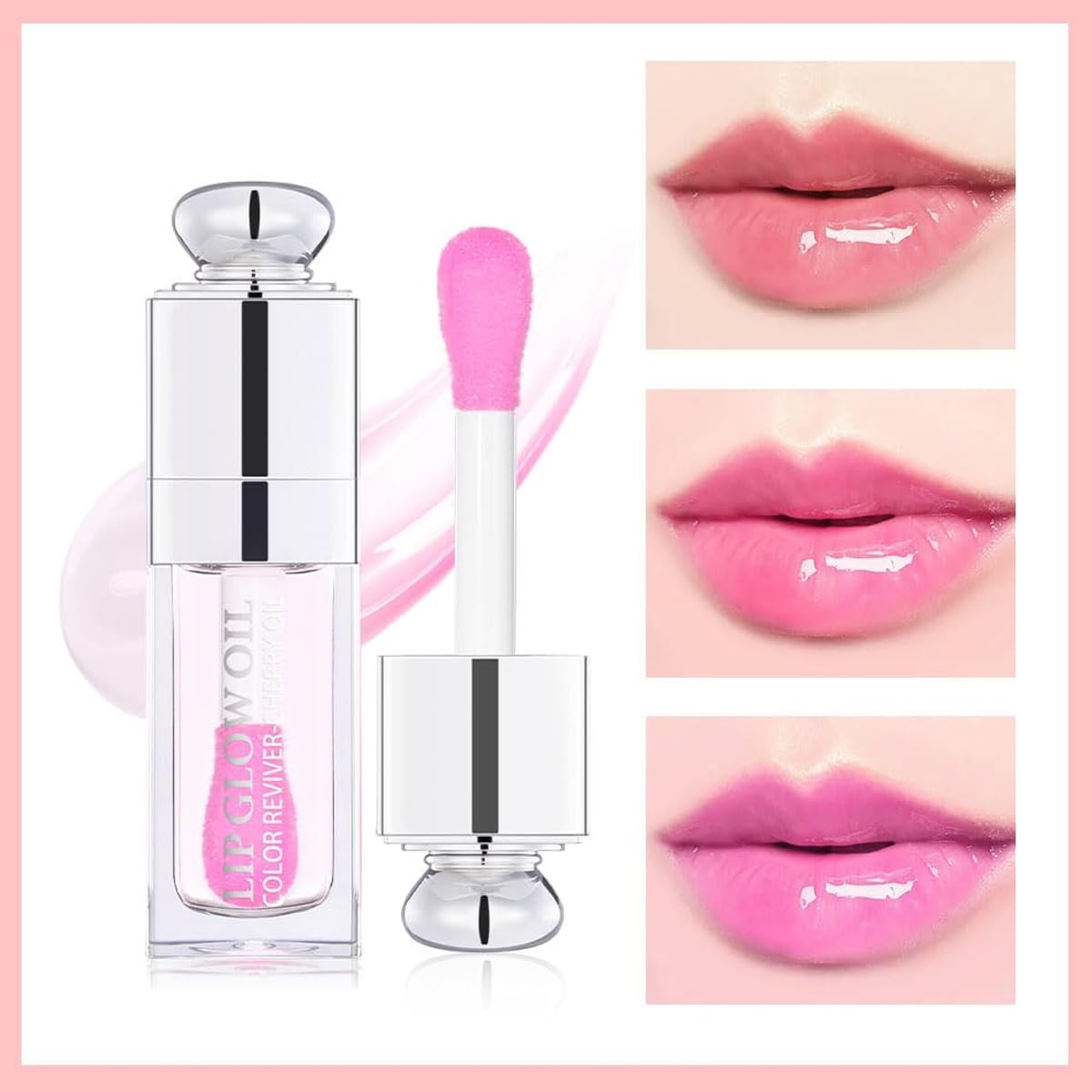 Hydrating Lip Glow Oil, Lip Oil Gloss Transparent Toot Tinted Nourishing Long Lasting Repairing Lightening Lip Lines (CLEAR TO PINK) 0.2 OZ