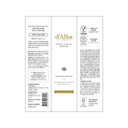 d'alba Piedmont Italian White Truffle First Spray Serum, Vegan Skin Care, Hydrating Face Moisturizer, Glow Serum for Radiant Skin, Non Comedogenic, All In One Mist, Korean Skin Care (1.69 fl oz.)