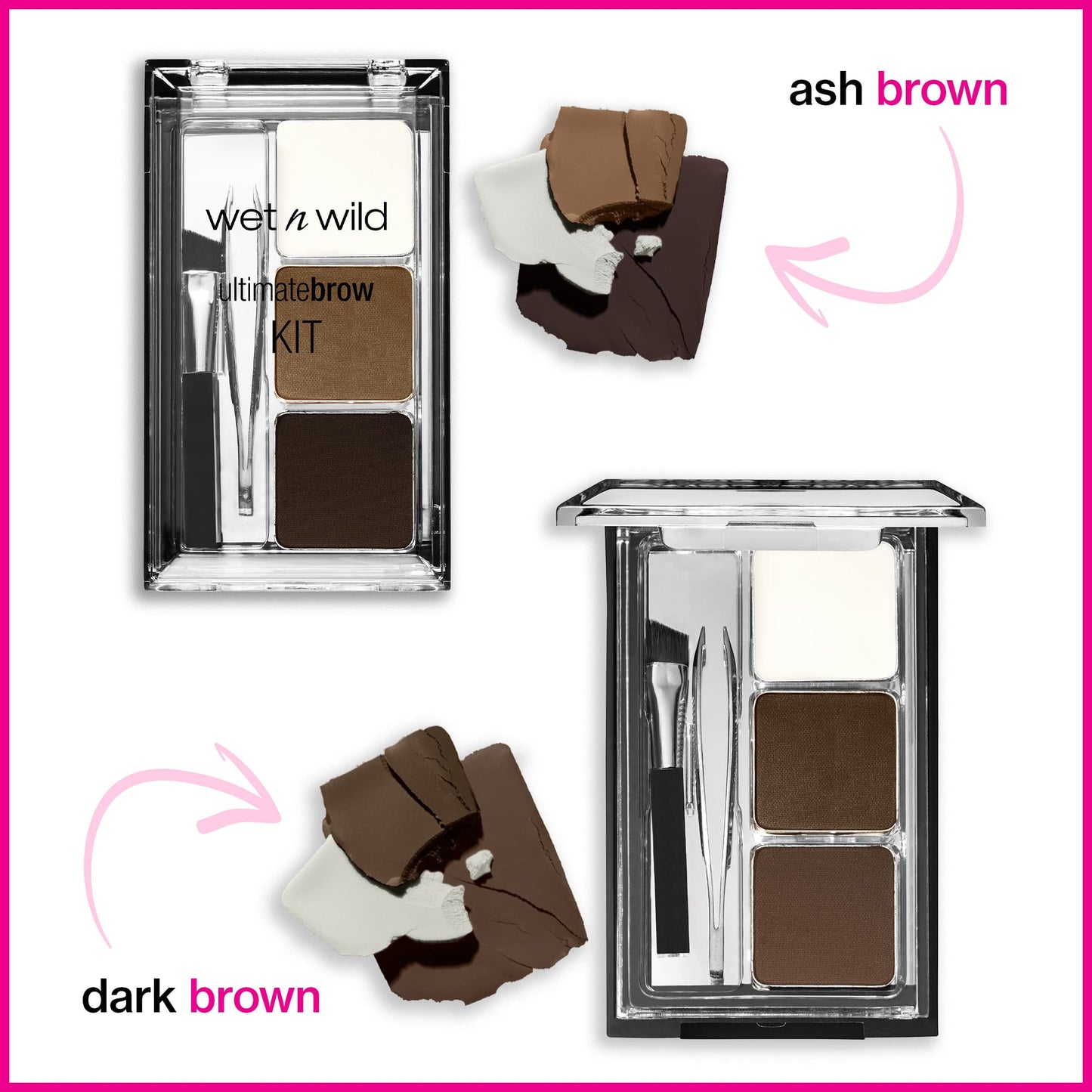 wet n wild Ultimate Eyebrow Makeup Kit, Long-Lasting Matte Brow Powder, Tweezers, Wax & Brush, Built-In Mirror, Purse-Friendly Compact - Dark Brown