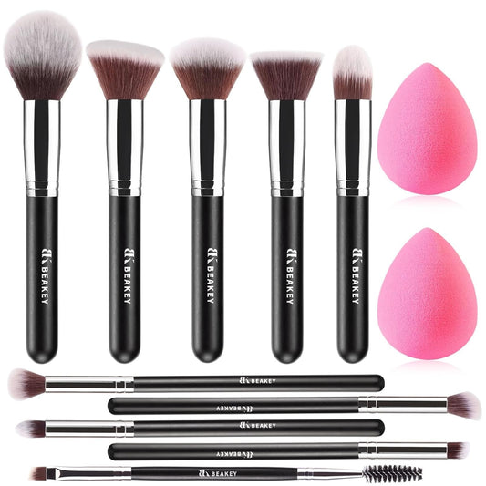 BEAKEY Makeup Brushes Set, Professional Foundation Eyeshadow Concealer Blush Powder Bronzer Applicator, 2 Blender Sponge with Beauty Paper Case