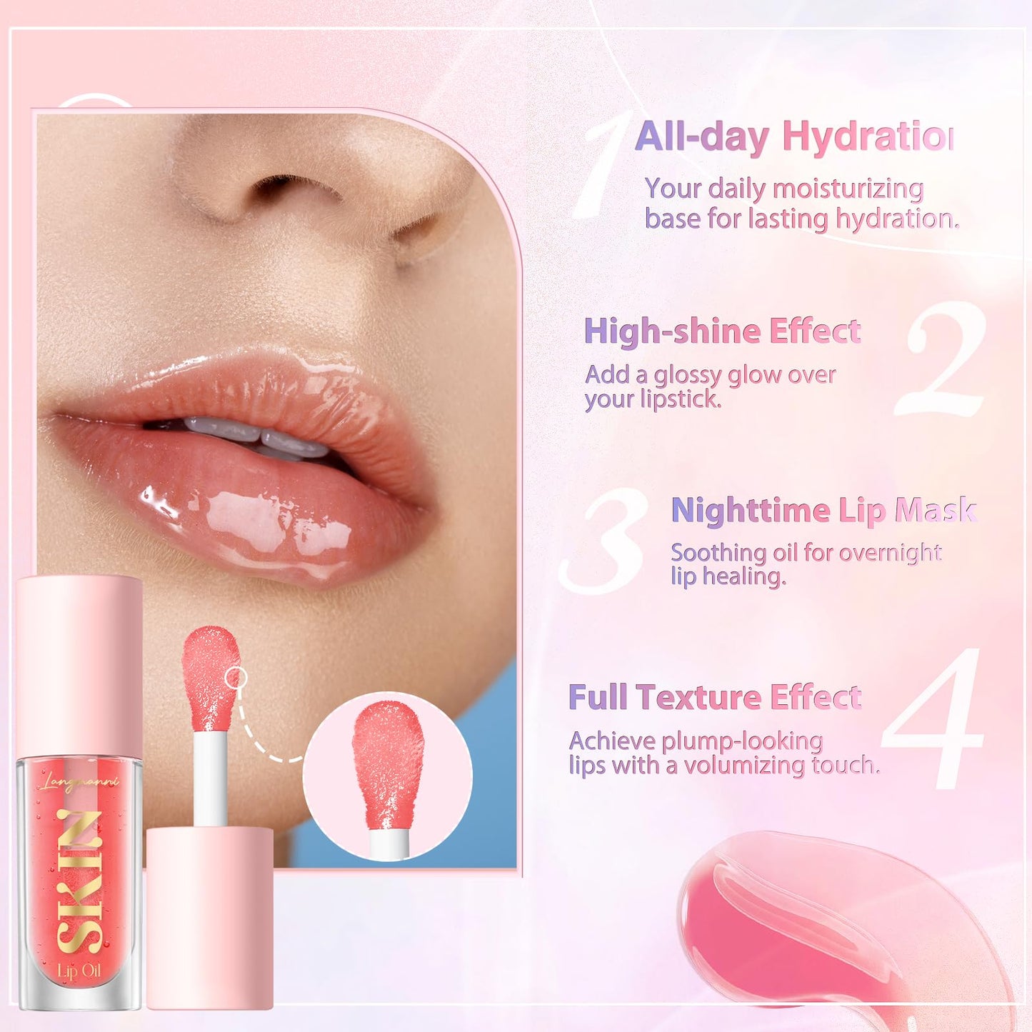 LANGMANNI Moisturizing Lip Oil,No-Sticky Lip Gloss Lip Balm Lip Care,Fruit Flavoured Lip Oil For Dry Lip's Moisturizing Hydrating And Nourishing ((Strawberry))