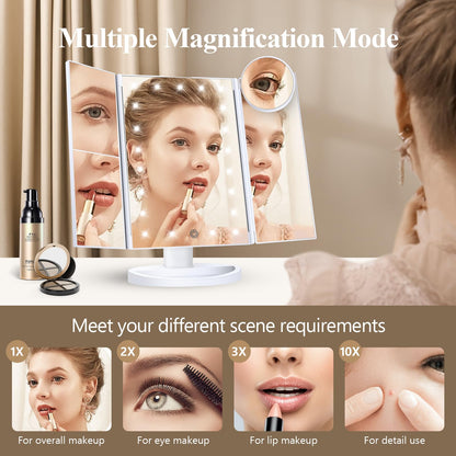 HUONUL Makeup Mirror Vanity Mirror with Lights, 2X, 3X, 10X Magnification, Touch Control, Trifold, White, 9.4"L x 13.4"W, Modern Style, Dresser Mount, Bathroom