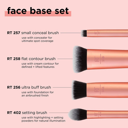 Real Techniques 4 Piece Face Base Makeup Brush Set, For Concealer, Foundation, Contour, & Setting Powder, Makeup Brushes For Blending & Buffing, & Sculpting, Travel Friendly, Gift Set, Cruelty-Free