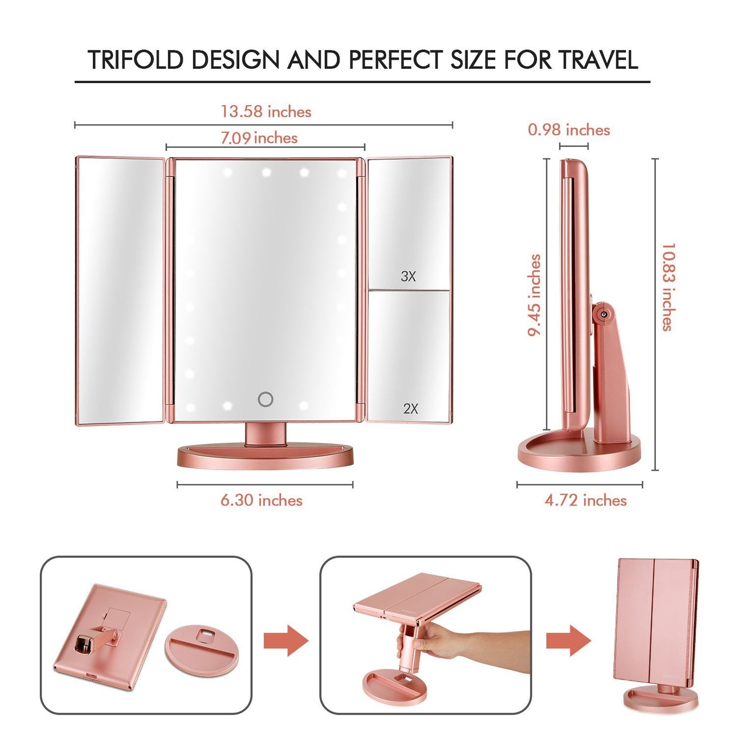 Flymiro Tri-fold Lighted Vanity Makeup Mirror with 3x/2x Magnification,21 LEDs Light and Touch Screen,180 Degree Free Rotation Countertop Cosmetic Mirror,Travel (Rose Gold)