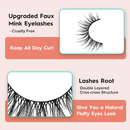 Natural Cat Eyelashes False Lashes Wispy 14mm False Eyelashes Natural Look 0.1MM Thin Band Strip Lashes Pack C Curl Fake Eyelashes Wispy Cat Eye Lashes 3D Volume Siligli Lashes 7 Pair