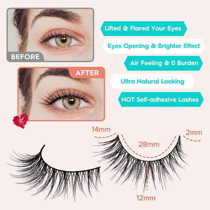 Natural Cat Eyelashes False Lashes Wispy 14mm False Eyelashes Natural Look 0.1MM Thin Band Strip Lashes Pack C Curl Fake Eyelashes Wispy Cat Eye Lashes 3D Volume Siligli Lashes 7 Pair