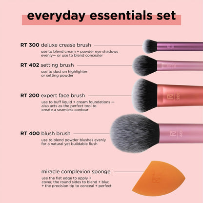 Real Techniques 6 Piece Everyday Essentials Makeup Brush Set, Includes 4 Brushes & 2 Makeup Sponges, For Foundation, Blush, Bronzer, Contour, Eyeshadow, & Powder, Travel Gift Set, Cruelty-Free & Vegan