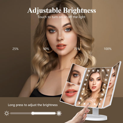 HUONUL Makeup Mirror Vanity Mirror with Lights, 2X, 3X, 10X Magnification, Touch Control, Trifold, White, 9.4"L x 13.4"W, Modern Style, Dresser Mount, Bathroom