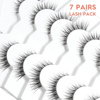 Natural Cat Eyelashes False Lashes Wispy 14mm False Eyelashes Natural Look 0.1MM Thin Band Strip Lashes Pack C Curl Fake Eyelashes Wispy Cat Eye Lashes 3D Volume Siligli Lashes 7 Pair