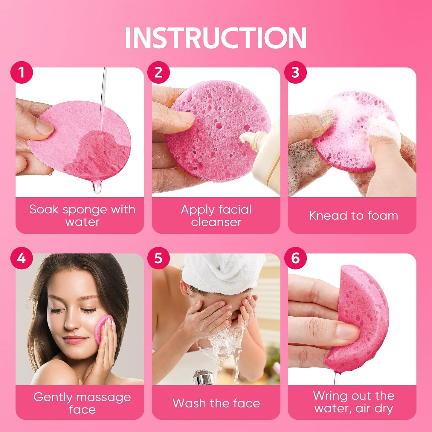 GAINWELL 50-Count Compressed Facial Sponges for Daily Facial Cleansing and Exfoliating, 100％ Natural Cosmetic Spa Sponges for Makeup Remover, Reusable, Pink