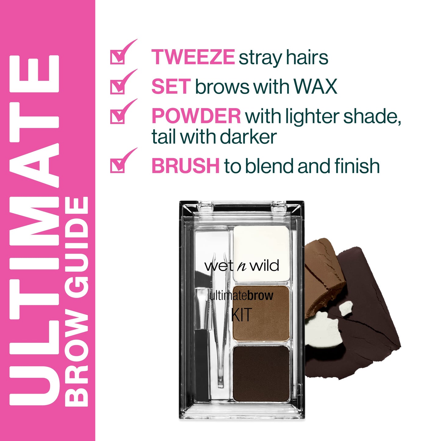 wet n wild Ultimate Eyebrow Makeup Kit, Long-Lasting Matte Brow Powder, Tweezers, Wax & Brush, Built-In Mirror, Purse-Friendly Compact - Dark Brown