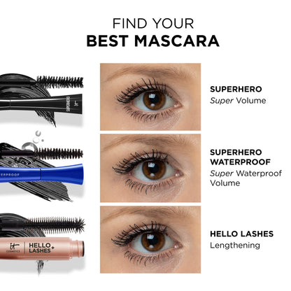 IT Cosmetics Superhero Mascara – Super Elastic Stretch Black Mascara for Volume & Length - Add Lash Volume with Collagen, Biotin & Peptides – Suitable Makeup Mascara for Sensitive Eyes