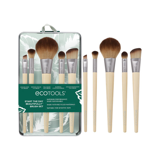 EcoTools Makeup Brush Set for Eyeshadow, Foundation, Blush, and Concealer with Bonus Storage Case, Start the Day Beautifully, Travel Friendly, 6 Piece Set