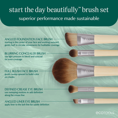 EcoTools Makeup Brush Set for Eyeshadow, Foundation, Blush, and Concealer with Bonus Storage Case, Start the Day Beautifully, Travel Friendly, 6 Piece Set