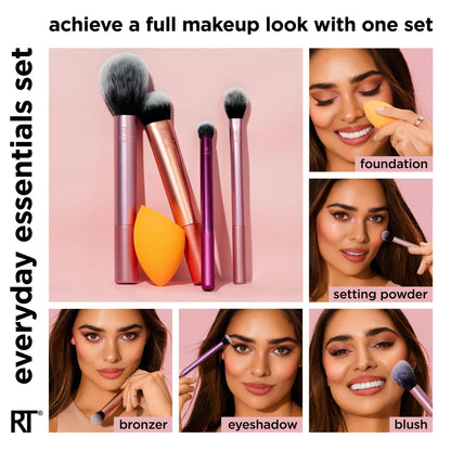 Real Techniques 6 Piece Everyday Essentials Makeup Brush Set, Includes 4 Brushes & 2 Makeup Sponges, For Foundation, Blush, Bronzer, Contour, Eyeshadow, & Powder, Travel Gift Set, Cruelty-Free & Vegan