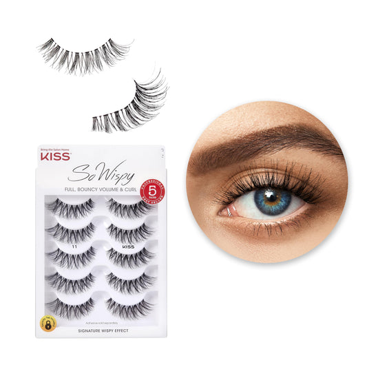 KISS So Wispy False Eyelashes Multipack #11, Full Bouncy Volume & Curl, Signature Wispy Effect, Quality Synthetic, Crisscross Pattern, Cruelty Free, Reusable and contact lens friendly, 5 Pairs