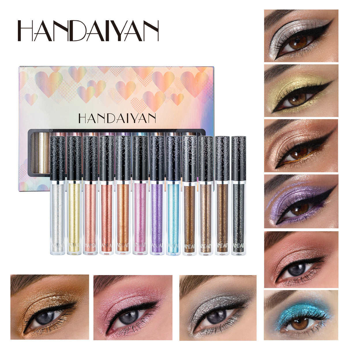 HANDAIYAN 12 Colors Liquid Glitter Eyeshadow Set, Multi-dimensional Metallic Glitter Shimmer Smokey Eye Looks Waterproof Long Lasting Quick-Drying Sparkling Eye Shadow Makeup Kits