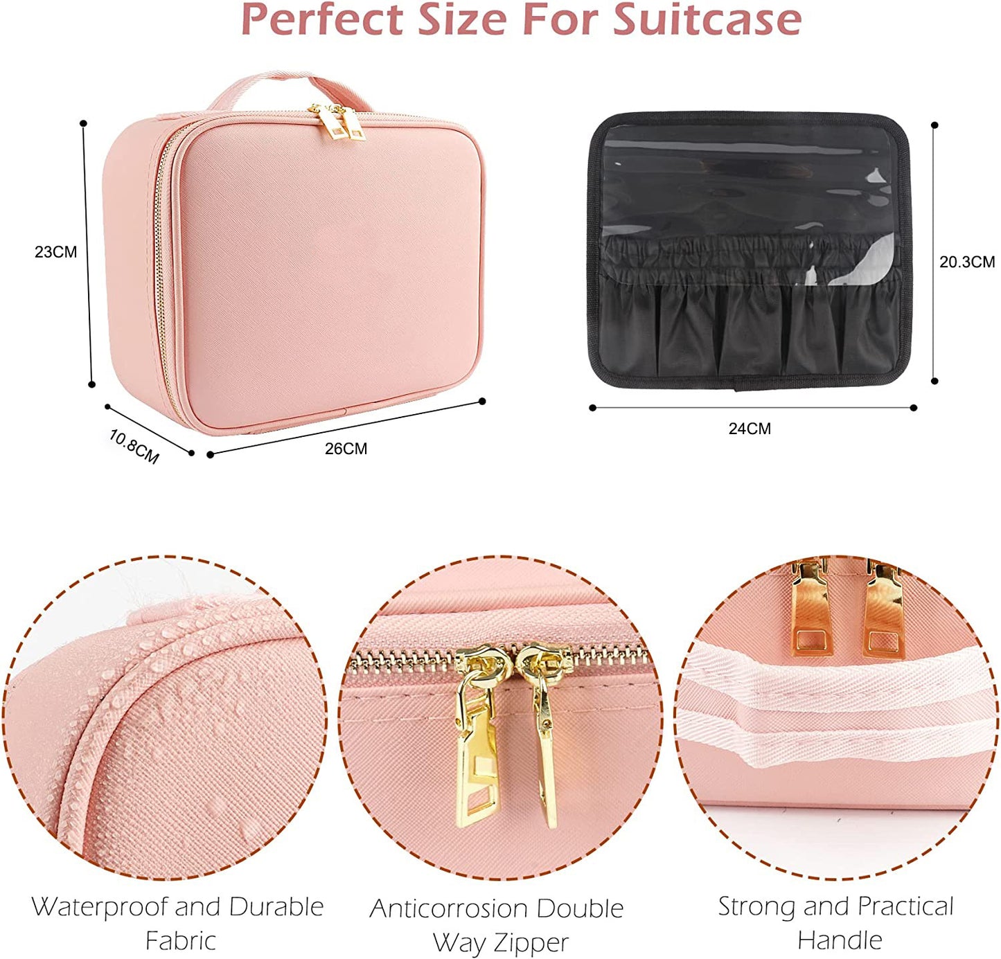 Makeup Travel Bag with LED Lighted Mirror Adjustable Brightness Portable Waterproof Makeup Case with Adjustable Dividers, Make up Train Case Organizer Makeup Brush Accessories and Tool Case