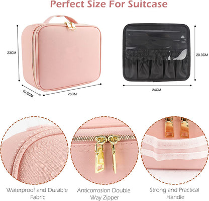 Makeup Travel Bag with LED Lighted Mirror Adjustable Brightness Portable Waterproof Makeup Case with Adjustable Dividers, Make up Train Case Organizer Makeup Brush Accessories and Tool Case