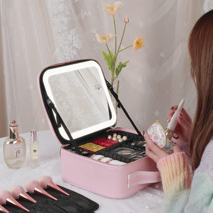 Makeup Travel Bag with LED Lighted Mirror Adjustable Brightness Portable Waterproof Makeup Case with Adjustable Dividers, Make up Train Case Organizer Makeup Brush Accessories and Tool Case