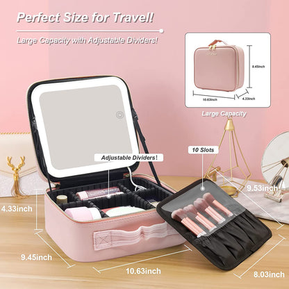 Makeup Travel Bag with LED Lighted Mirror Adjustable Brightness Portable Waterproof Makeup Case with Adjustable Dividers, Make up Train Case Organizer Makeup Brush Accessories and Tool Case