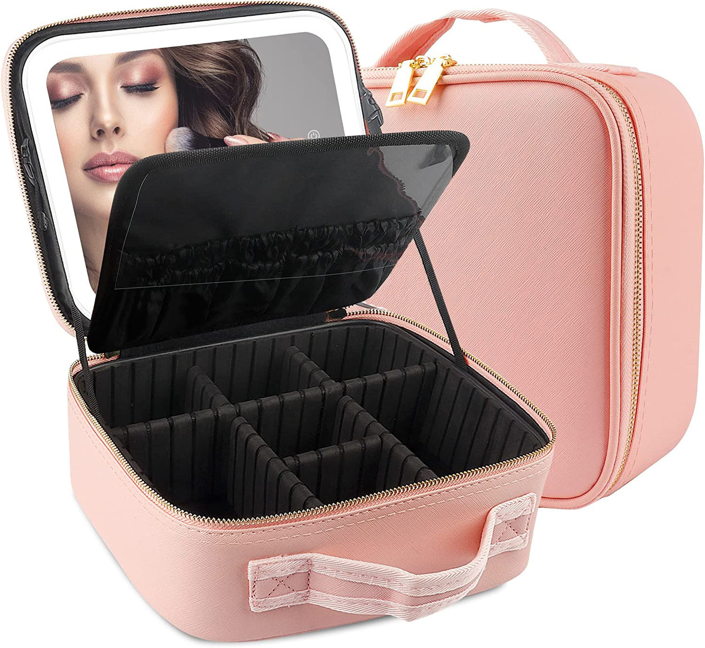 Makeup Travel Bag with LED Lighted Mirror Adjustable Brightness Portable Waterproof Makeup Case with Adjustable Dividers, Make up Train Case Organizer Makeup Brush Accessories and Tool Case