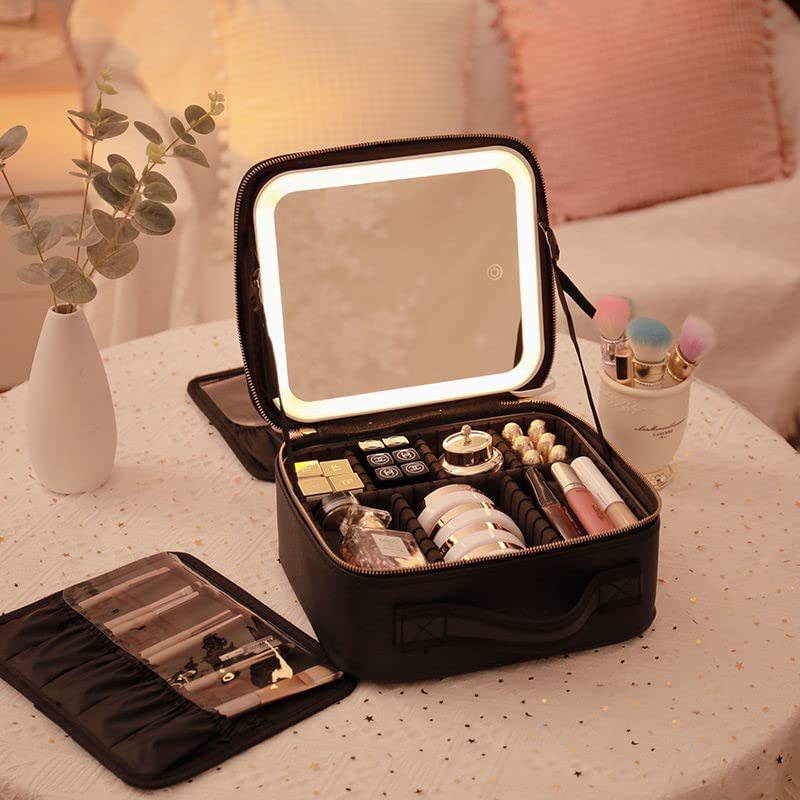 Makeup Travel Bag with LED Lighted Mirror Adjustable Brightness Portable Waterproof Makeup Case with Adjustable Dividers, Make up Train Case Organizer Makeup Brush Accessories and Tool Case